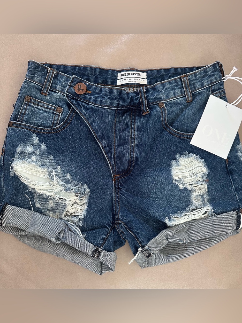 NWT ONE x One Teaspoon Charger Denim Jean Distress Cuffed Crossover Shorts 24 XS